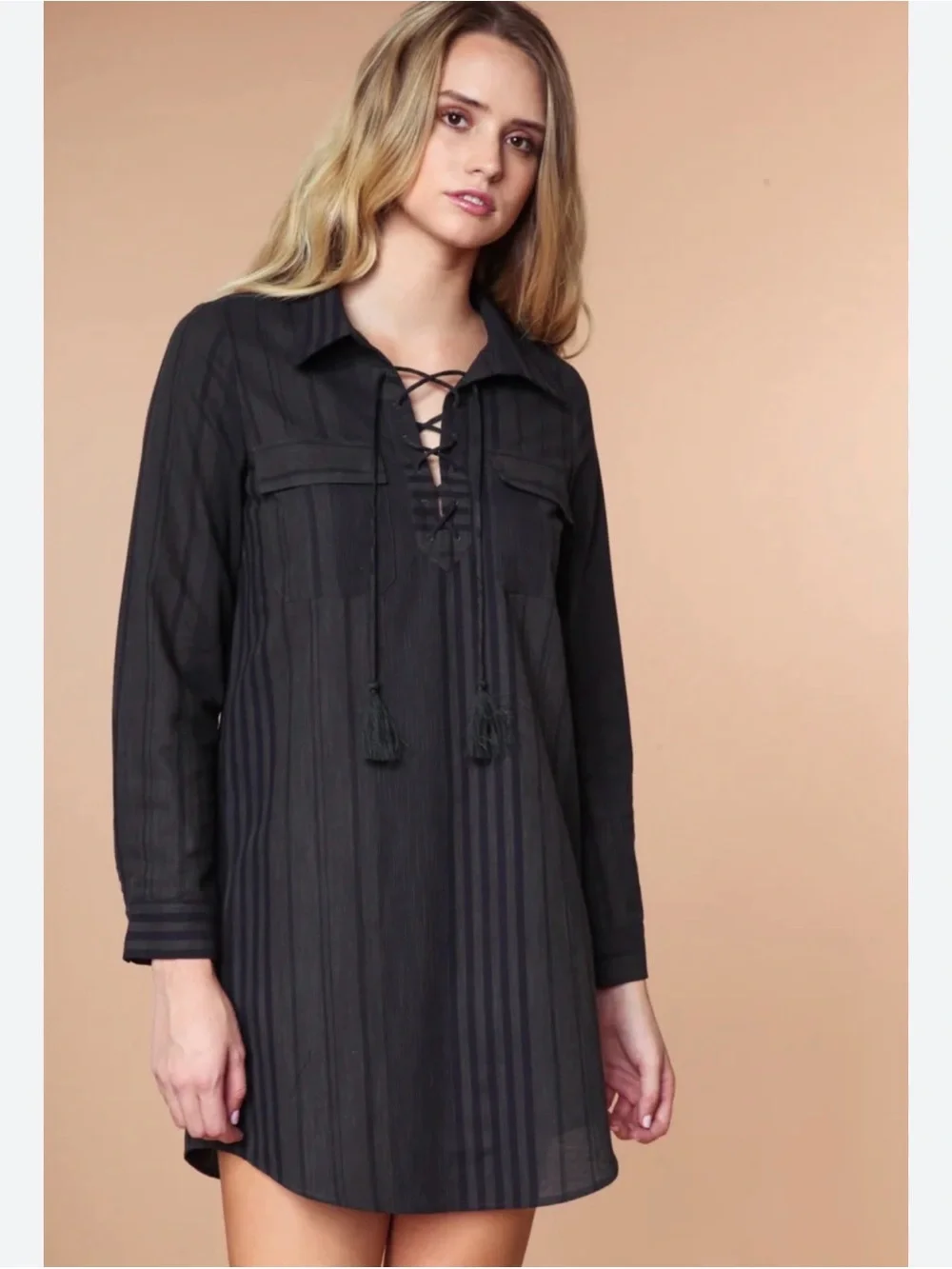 0034 Black Lace-Up Long Sleeve Mini Dress
